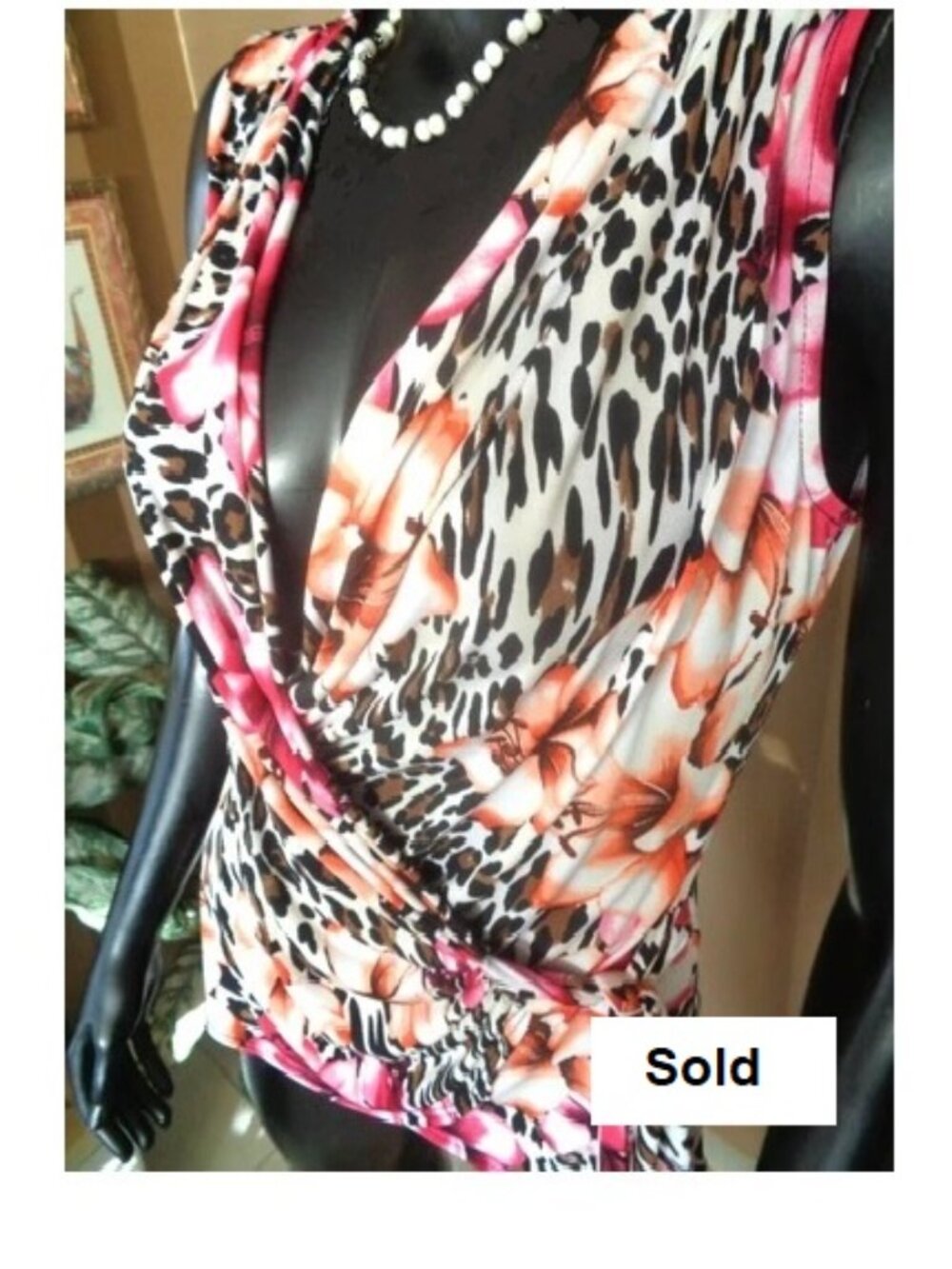 Cache Sleeveless Animal Print Floral Faux Wrap Top Sexy Classy Sz M - Like New